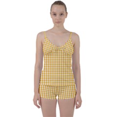 Pale Pumpkin Orange And White Halloween Gingham Check Tie Front Two Piece Tankini by PodArtist