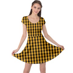 Pale Pumpkin Orange And Black Halloween Gingham Check Cap Sleeve Dress by PodArtist