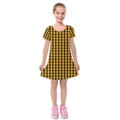 Pale Pumpkin Orange And Black Halloween Gingham Check Kids  Short Sleeve Velvet Dress by PodArtist