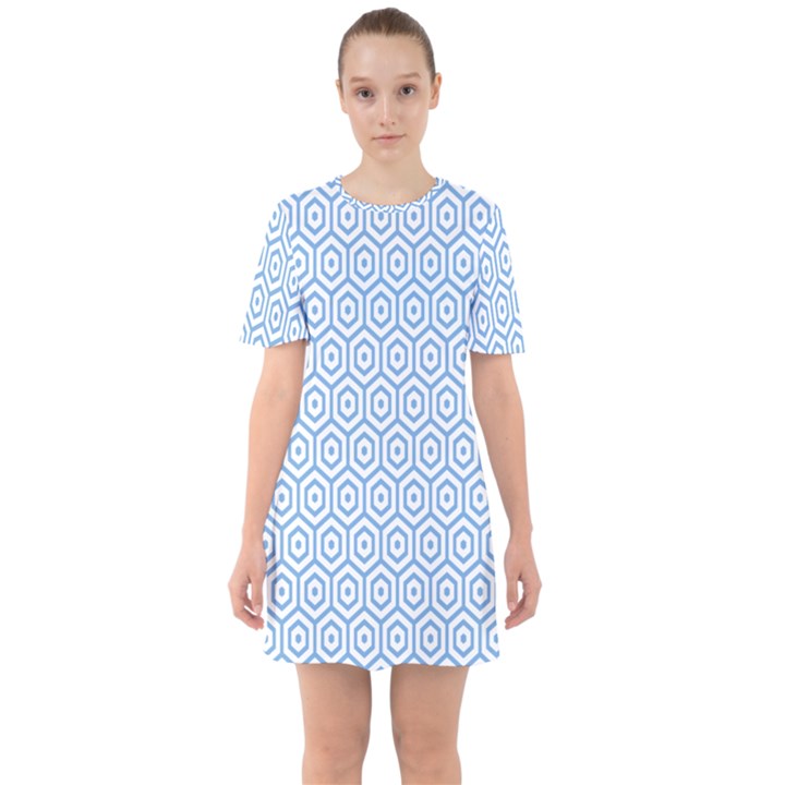 Light Blue Hexagon Sixties Short Sleeve Mini Dress