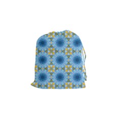 Blue Nice Daisy Flower Ang Yellow Squares Drawstring Pouches (small)  by MaryIllustrations