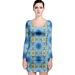 Blue Nice Daisy Flower Ang Yellow Squares Long Sleeve Bodycon Dress by MaryIllustrations