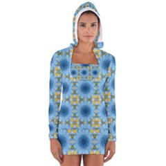 Blue Nice Daisy Flower Ang Yellow Squares Long Sleeve Hooded T-shirt by MaryIllustrations