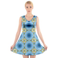 Blue Nice Daisy Flower Ang Yellow Squares V-neck Sleeveless Skater Dress by MaryIllustrations