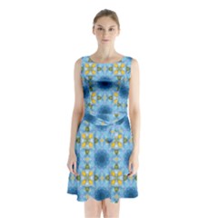 Blue Nice Daisy Flower Ang Yellow Squares Sleeveless Waist Tie Chiffon Dress by MaryIllustrations