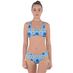 Blue Nice Daisy Flower Ang Yellow Squares Criss Cross Bikini Set