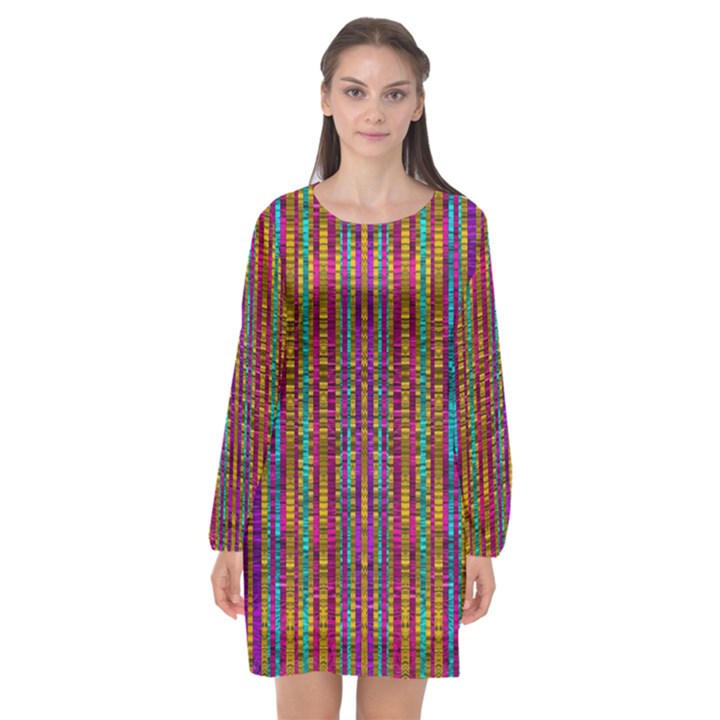 Star Fall In  Retro Peacock Colors Long Sleeve Chiffon Shift Dress 