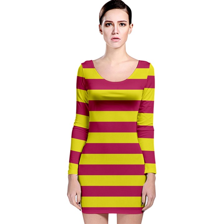 Red & Yellow Stripesi Long Sleeve Velvet Bodycon Dress