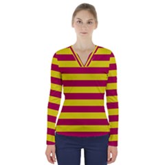 Red & Yellow Stripesi V-neck Long Sleeve Top