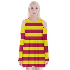 Red & Yellow Stripesi Velvet Long Sleeve Shoulder Cutout Dress by norastpatrick