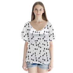 Fish Bones Pattern V-neck Flutter Sleeve Top