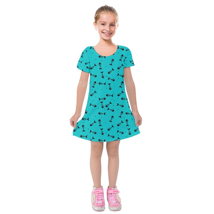 Fish bones pattern Kids  Short Sleeve Velvet Dress