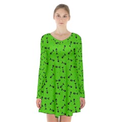 Fish Bones Pattern Long Sleeve Velvet V-neck Dress