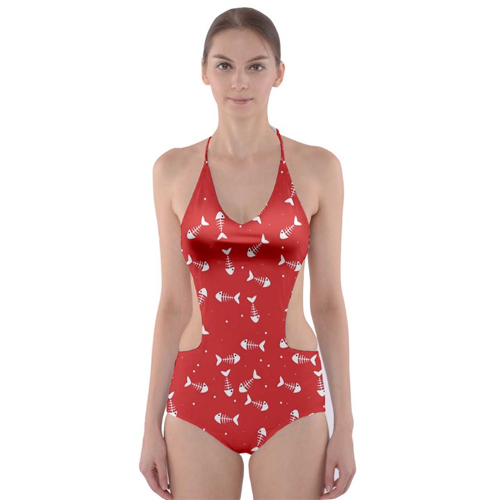 Fish bones pattern Cut-Out One Piece Swimsuit