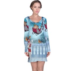 Christmas Design, Santa Claus With Reindeer In The Sky Long Sleeve Nightdress by FantasyWorld7