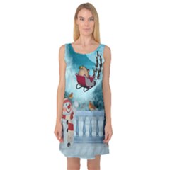 Christmas Design, Santa Claus With Reindeer In The Sky Sleeveless Satin Nightdress by FantasyWorld7