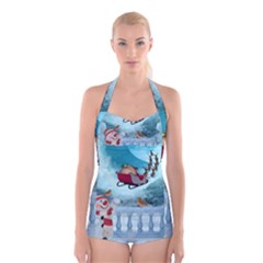 Christmas Design, Santa Claus With Reindeer In The Sky Boyleg Halter Swimsuit  by FantasyWorld7