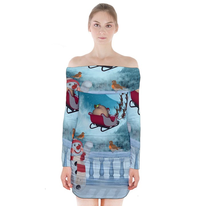 Christmas Design, Santa Claus With Reindeer In The Sky Long Sleeve Off Shoulder Dress