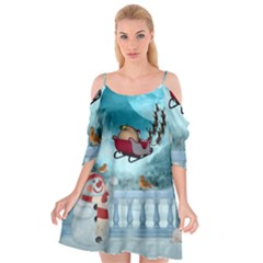 Christmas Design, Santa Claus With Reindeer In The Sky Cutout Spaghetti Strap Chiffon Dress by FantasyWorld7