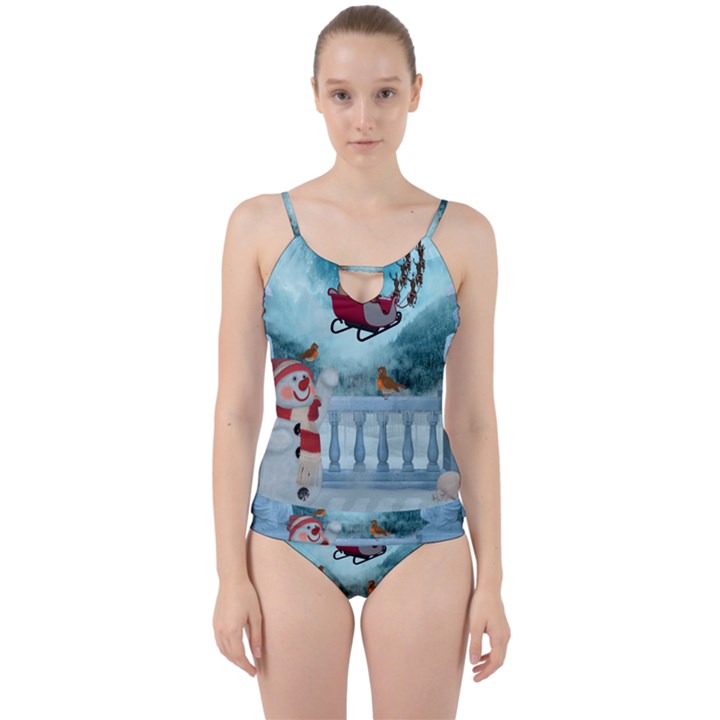 Christmas Design, Santa Claus With Reindeer In The Sky Cut Out Top Tankini Set