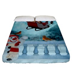 Christmas Design, Santa Claus With Reindeer In The Sky Fitted Sheet (queen Size) by FantasyWorld7