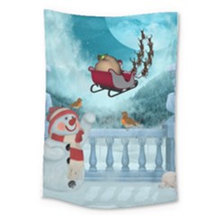 Christmas Design, Santa Claus With Reindeer In The Sky Large Tapestry by FantasyWorld7