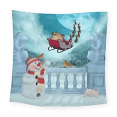 Christmas Design, Santa Claus With Reindeer In The Sky Square Tapestry (large) by FantasyWorld7