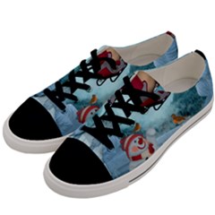 Christmas Design, Santa Claus With Reindeer In The Sky Men s Low Top Canvas Sneakers by FantasyWorld7