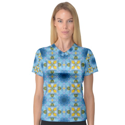 Blue Nice Daisy Flower Ang Yellow Squares V-neck Sport Mesh Tee by MaryIllustrations