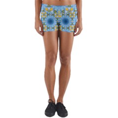 Blue Nice Daisy Flower Ang Yellow Squares Yoga Shorts by MaryIllustrations