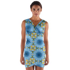 Blue Nice Daisy Flower Ang Yellow Squares Wrap Front Bodycon Dress by MaryIllustrations