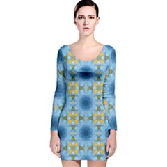 Blue Nice Daisy Flower Ang Yellow Squares Long Sleeve Velvet Bodycon Dress by MaryIllustrations