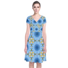 Blue Nice Daisy Flower Ang Yellow Squares Short Sleeve Front Wrap Dress by MaryIllustrations