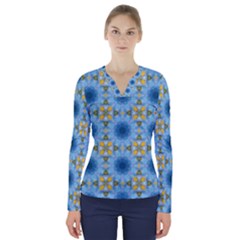 Blue Nice Daisy Flower Ang Yellow Squares V-neck Long Sleeve Top by MaryIllustrations