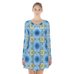 Blue Nice Daisy Flower Ang Yellow Squares Long Sleeve Velvet V-neck Dress by MaryIllustrations