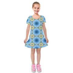 Blue Nice Daisy Flower Ang Yellow Squares Kids  Short Sleeve Velvet Dress by MaryIllustrations