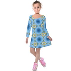 Blue Nice Daisy Flower Ang Yellow Squares Kids  Long Sleeve Velvet Dress by MaryIllustrations