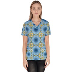 Blue Nice Daisy Flower Ang Yellow Squares Scrub Top