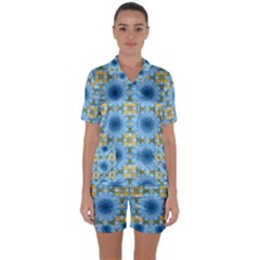 Blue Nice Daisy Flower Ang Yellow Squares Satin Short Sleeve Pyjamas Set by MaryIllustrations