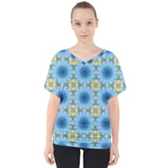 Blue Nice Daisy Flower Ang Yellow Squares V-neck Dolman Drape Top by MaryIllustrations