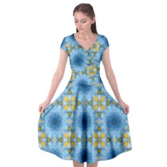 Blue Nice Daisy Flower Ang Yellow Squares Cap Sleeve Wrap Front Dress