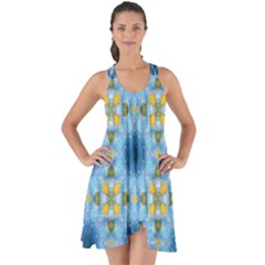 Blue Nice Daisy Flower Ang Yellow Squares Show Some Back Chiffon Dress