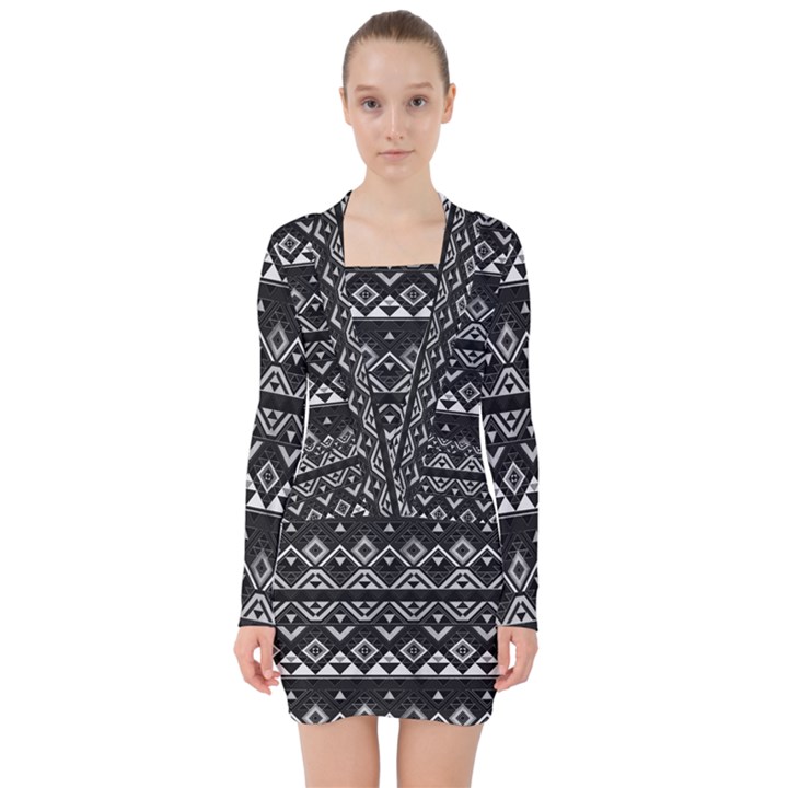 Aztec Influence Pattern V-neck Bodycon Long Sleeve Dress