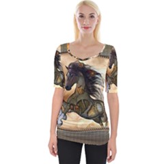 Steampunk, Wonderful Steampunk Horse With Clocks And Gears, Golden Design Wide Neckline Tee