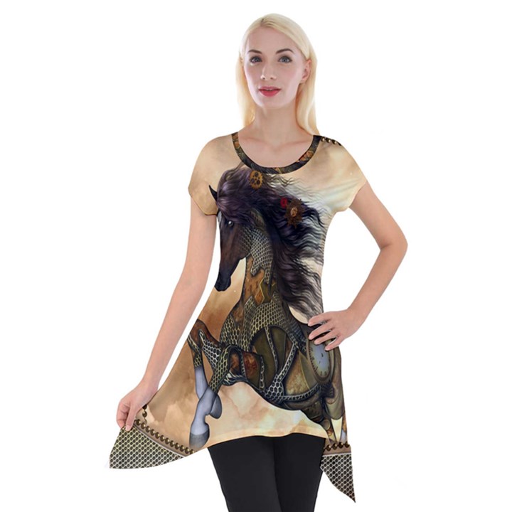 Steampunk, Wonderful Steampunk Horse With Clocks And Gears, Golden Design Short Sleeve Side Drop Tunic