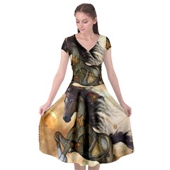 Steampunk, Wonderful Steampunk Horse With Clocks And Gears, Golden Design Cap Sleeve Wrap Front Dress by FantasyWorld7