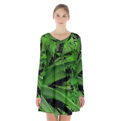 Vivid Tropical Design Long Sleeve Velvet V-neck Dress