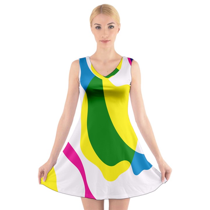 Anatomicalrainbow Wave Chevron Pink Blue Yellow Green V-Neck Sleeveless Skater Dress