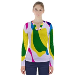 Anatomicalrainbow Wave Chevron Pink Blue Yellow Green V-neck Long Sleeve Top by Mariart