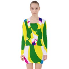 Anatomicalrainbow Wave Chevron Pink Blue Yellow Green V-neck Bodycon Long Sleeve Dress by Mariart